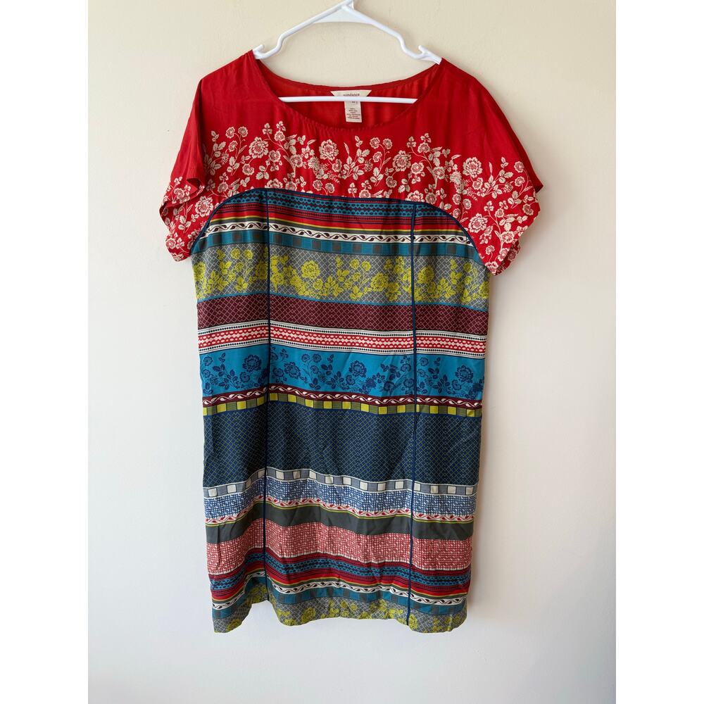 Sundance Silk Dress Red Multi Color Size 14 Classic Business